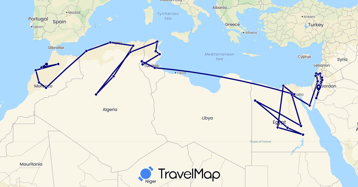 TravelMap itinerary: driving in Algeria, Egypt, Israel, Jordan, Morocco, Tunisia (Africa, Asia)