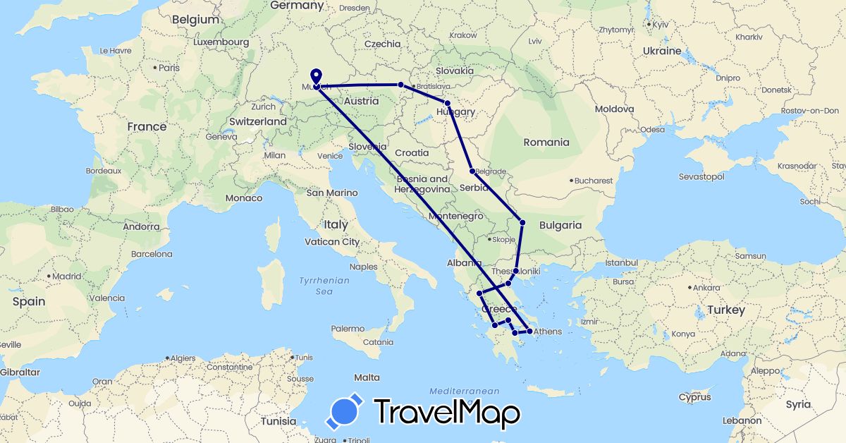 TravelMap itinerary: driving in Austria, Bulgaria, Germany, Greece, Hungary, Serbia (Europe)
